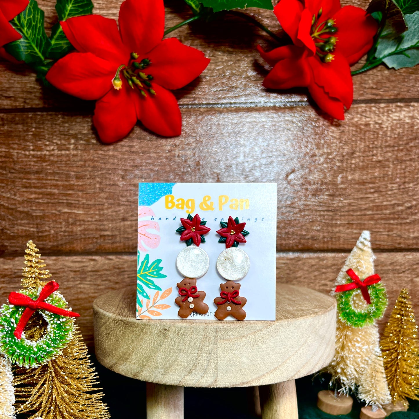 Holiday Stud Trio – Poinsettia, Glitter, & Gingerbread Bear