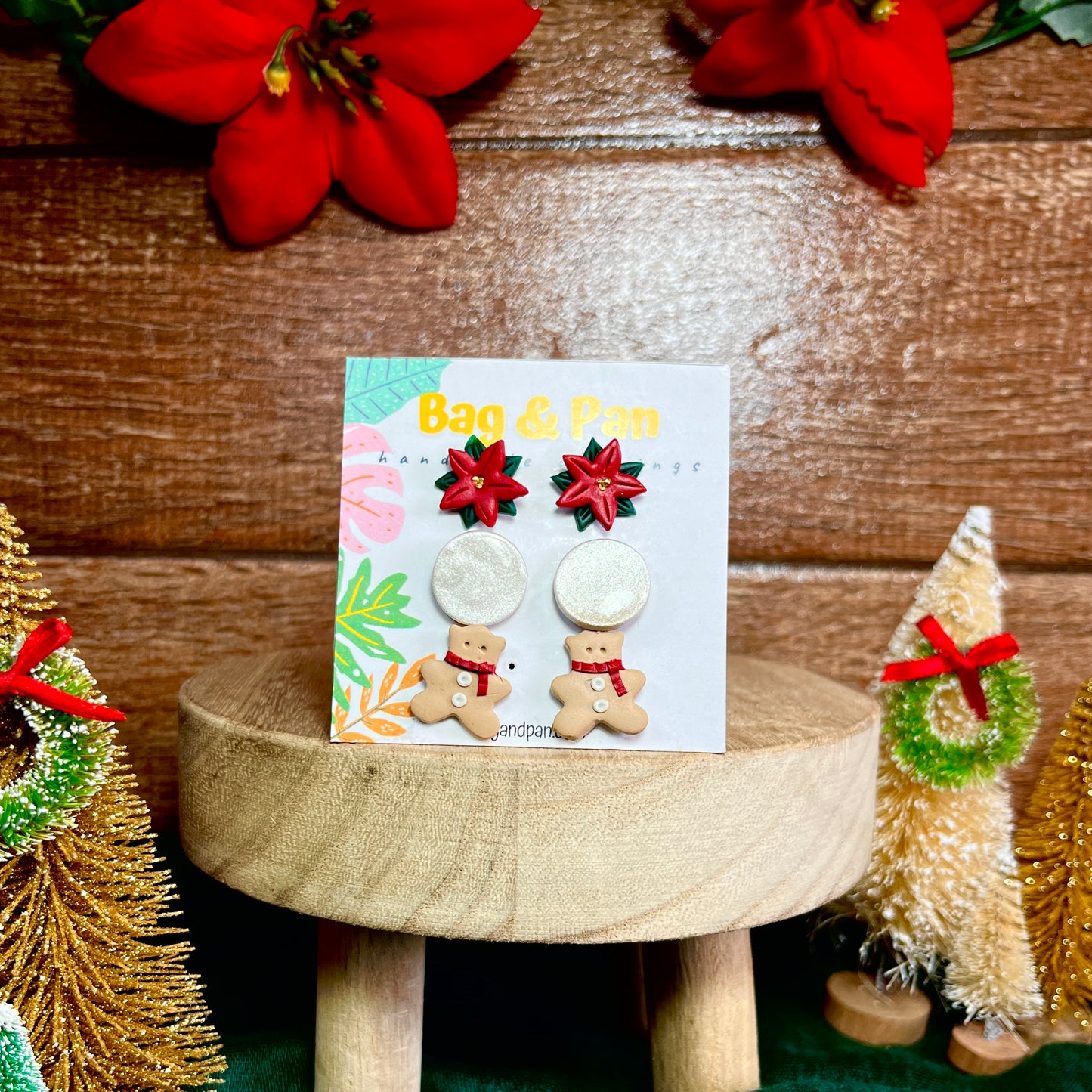 Holiday Stud Trio – Poinsettia, Glitter, & Gingerbread Bear