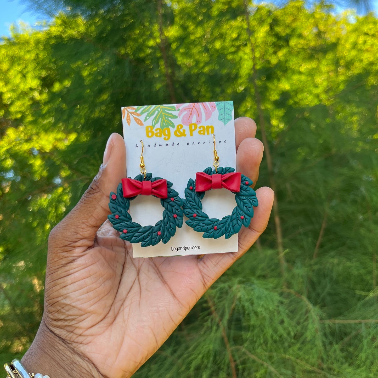 Holly Wreath Dangle Earrings with Bow Detail