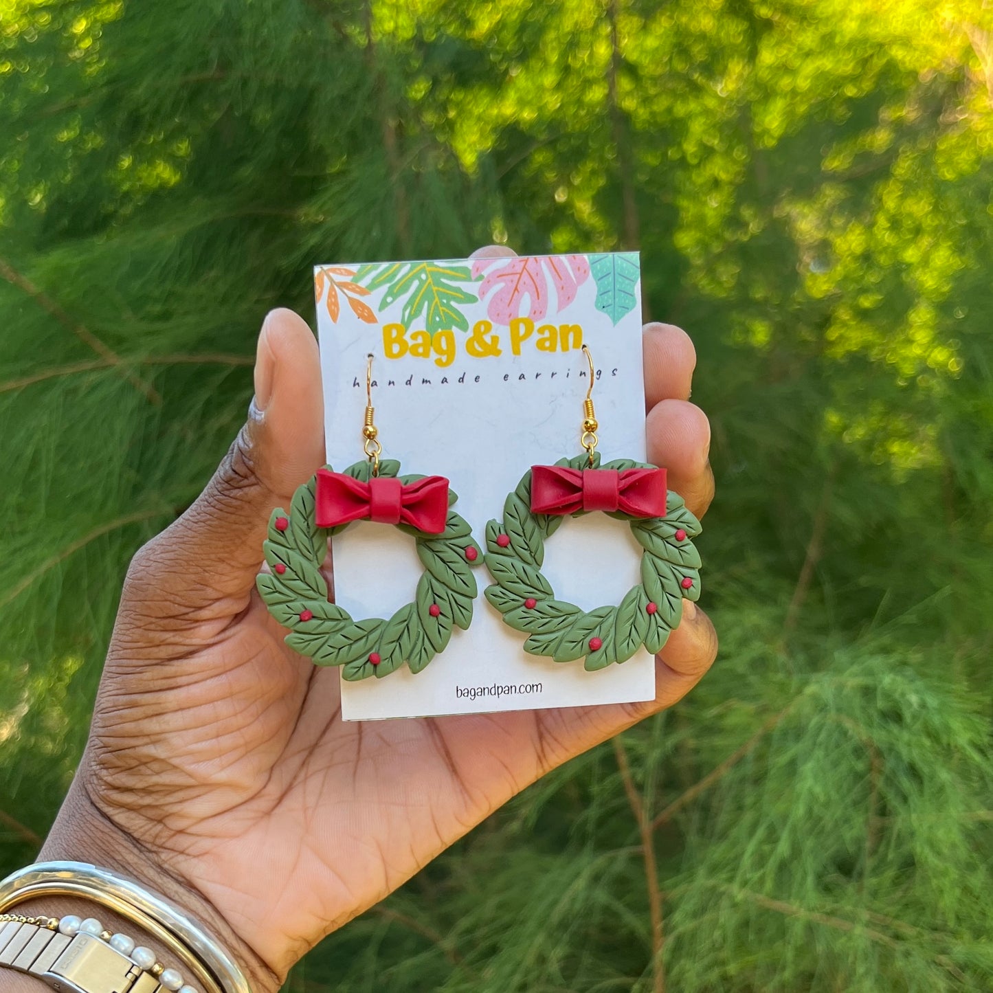 Holly Wreath Dangle Earrings with Bow Detail